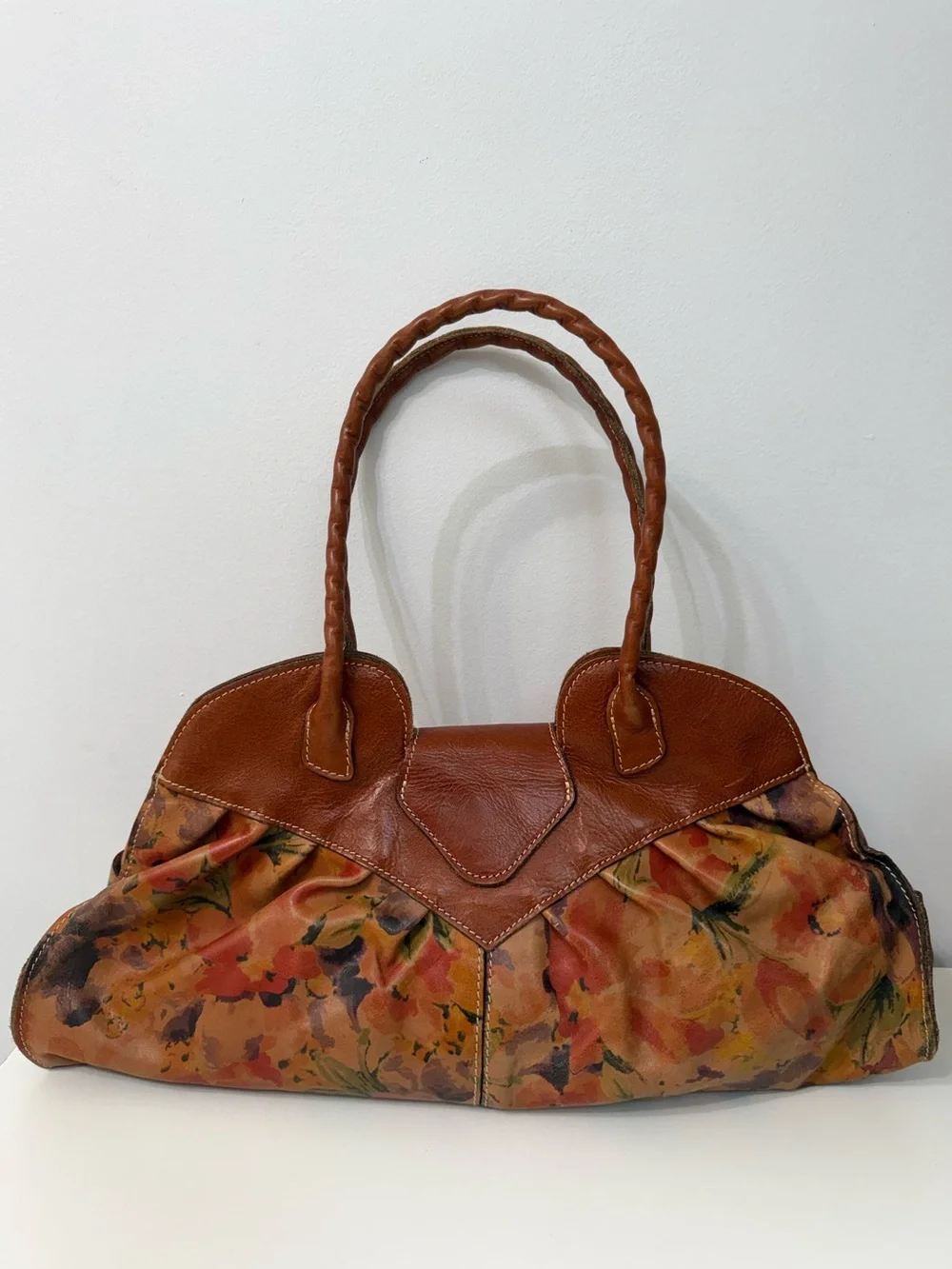 Patricia Nash Heritage Lione Multi Floral Pleated Leather Tote Satchel Bag Purse